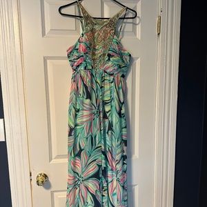 Lilly Pulitzer Lannette High Tide Navy Dancing Lady Gold Beads Maxi Dress Size 8